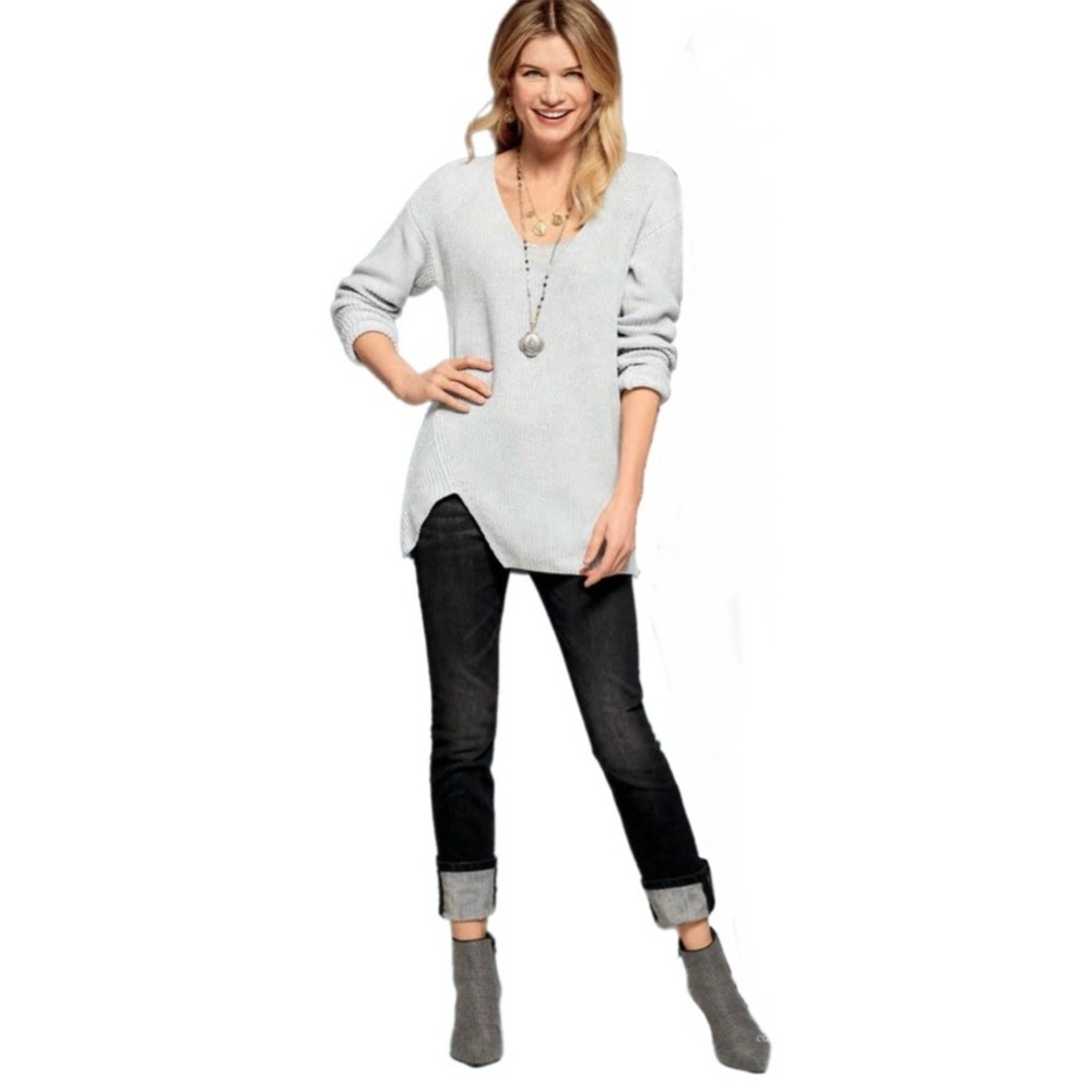 Cabi Deep V-Neck Pullover Ribbed Knit Sweater Side Zipped Gray Size S